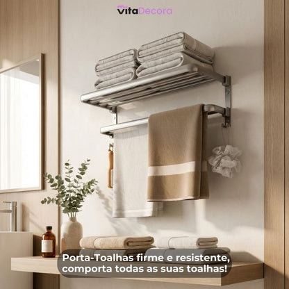 Porta-Toalhas Retrátil em Alumínio com Adesivos + 2un Porta Shampoo de BRINDE!