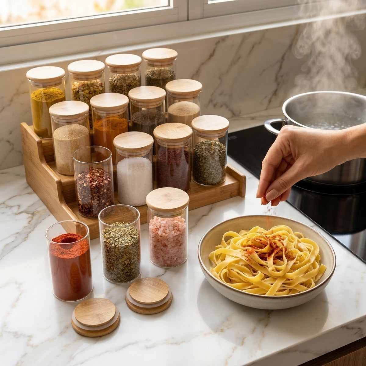 Kit 12 Pote Porta Tempero Hermético 300ml + Base Escada em Bambu