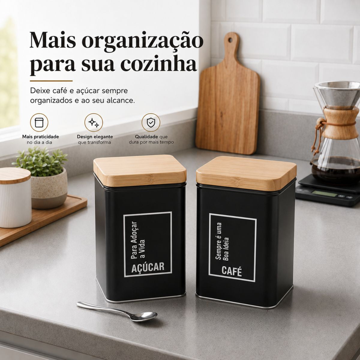 Kit 2 Potes para Cafe e Açucar em Metal Cantinho Cafe Preto