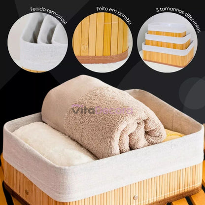 Kit 3 Cestos Organizadores Bambu Tecido Lavável Multiuso
