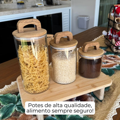 Kit Potes Porta Condimentos Hermético em Vidro Borossilicato com Tampa de Bambu