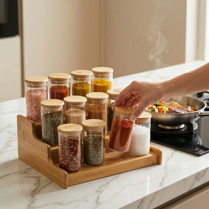 Kit 12 Pote Porta Tempero Hermético 300ml + Base Escada em Bambu