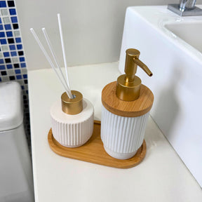 Kit Banheiro Lavabo Aromas Luxo - Conjunto Dispenser e Aromatizador em Porcelana com Base em Bambu 3 Peças