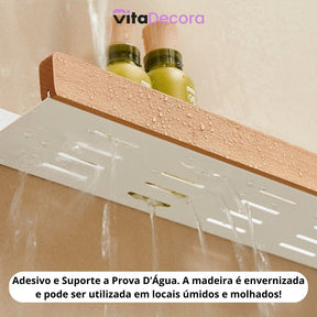 VitaLux - Prateleira Organizadora Parede em Alumínio e Madeira + Kit Adesivos ProFix