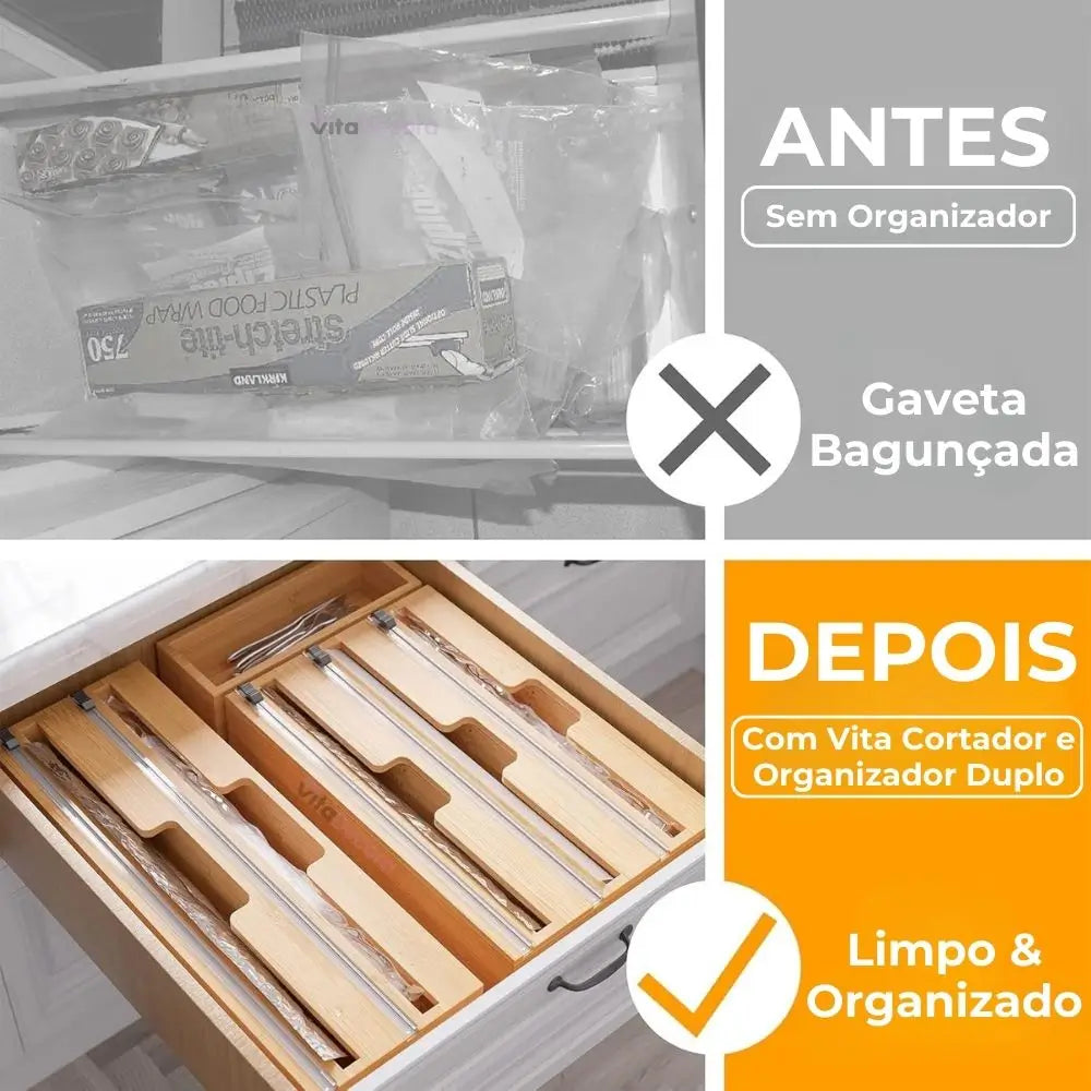 VitaPratic - Dispenser Duplo em Bambu - Cortador Papel Alumínio e PVC