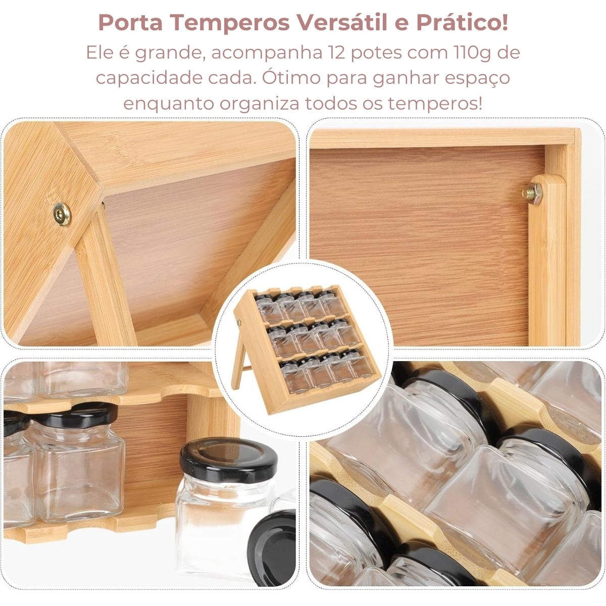 Porta temperos em bambu com 12 potes herméticos para organização de cozinha.
