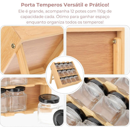 Porta temperos em bambu com 12 potes herméticos para organização de cozinha.