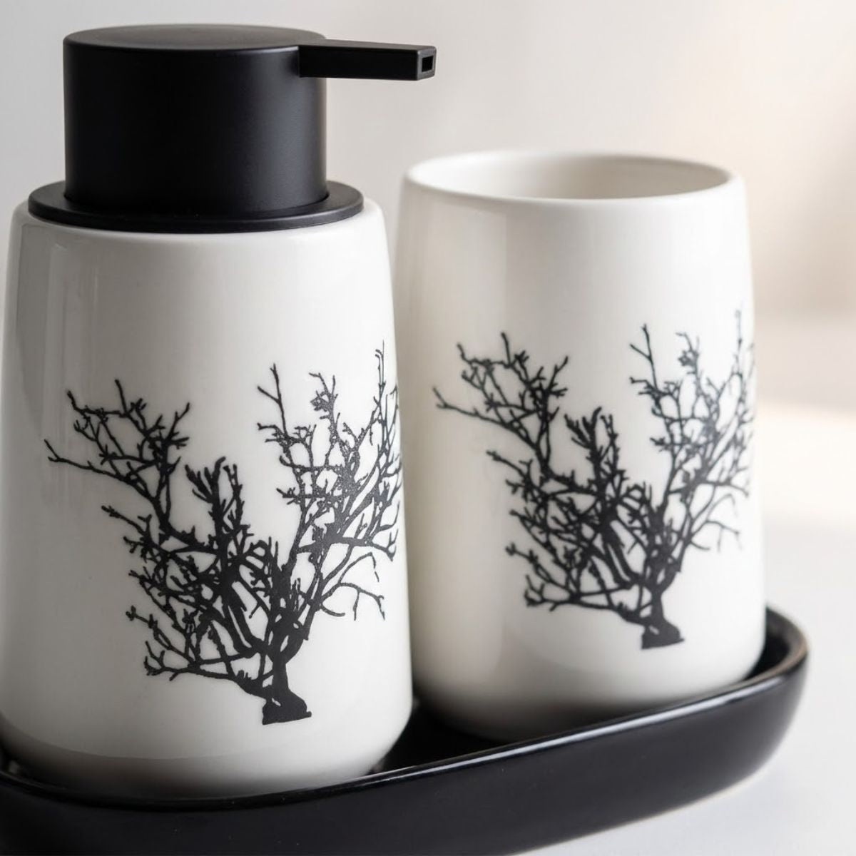 Kit Banheiro Lavabo Conjunto Saboneteira Dispenser Porta Treco Porcelana 3 Peças