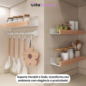 VitaLux - Prateleira Organizadora Parede em Alumínio e Madeira + Kit Adesivos ProFix