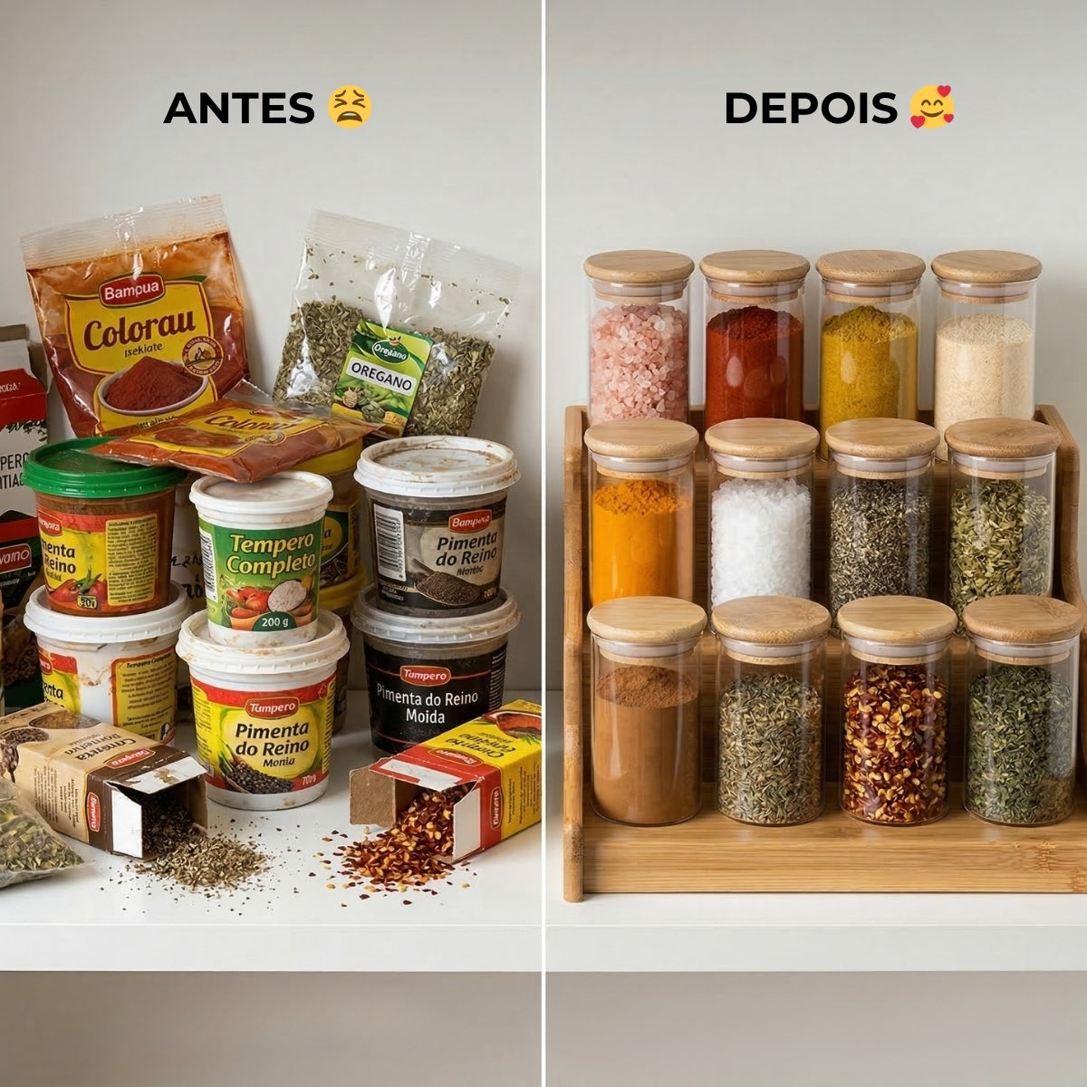 Kit 12 Pote Porta Tempero Hermético 300ml + Base Escada em Bambu