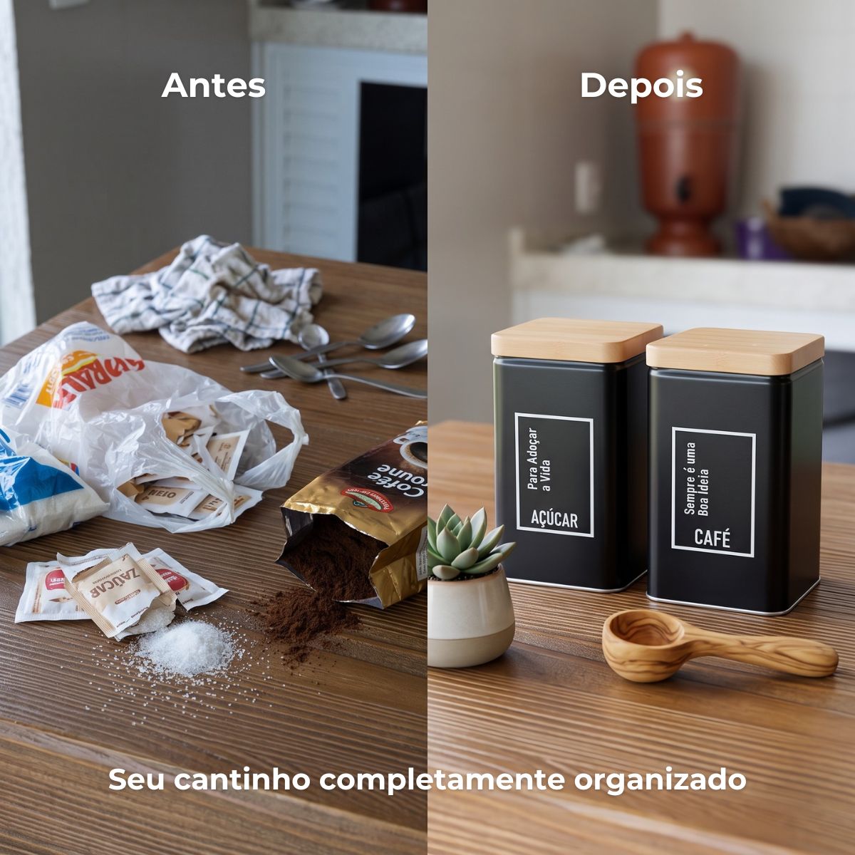 Kit 2 Potes para Cafe e Açucar em Metal Cantinho Cafe Preto