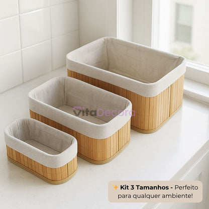 Kit 3 Cestos Organizadores Bambu Tecido Lavável Multiuso