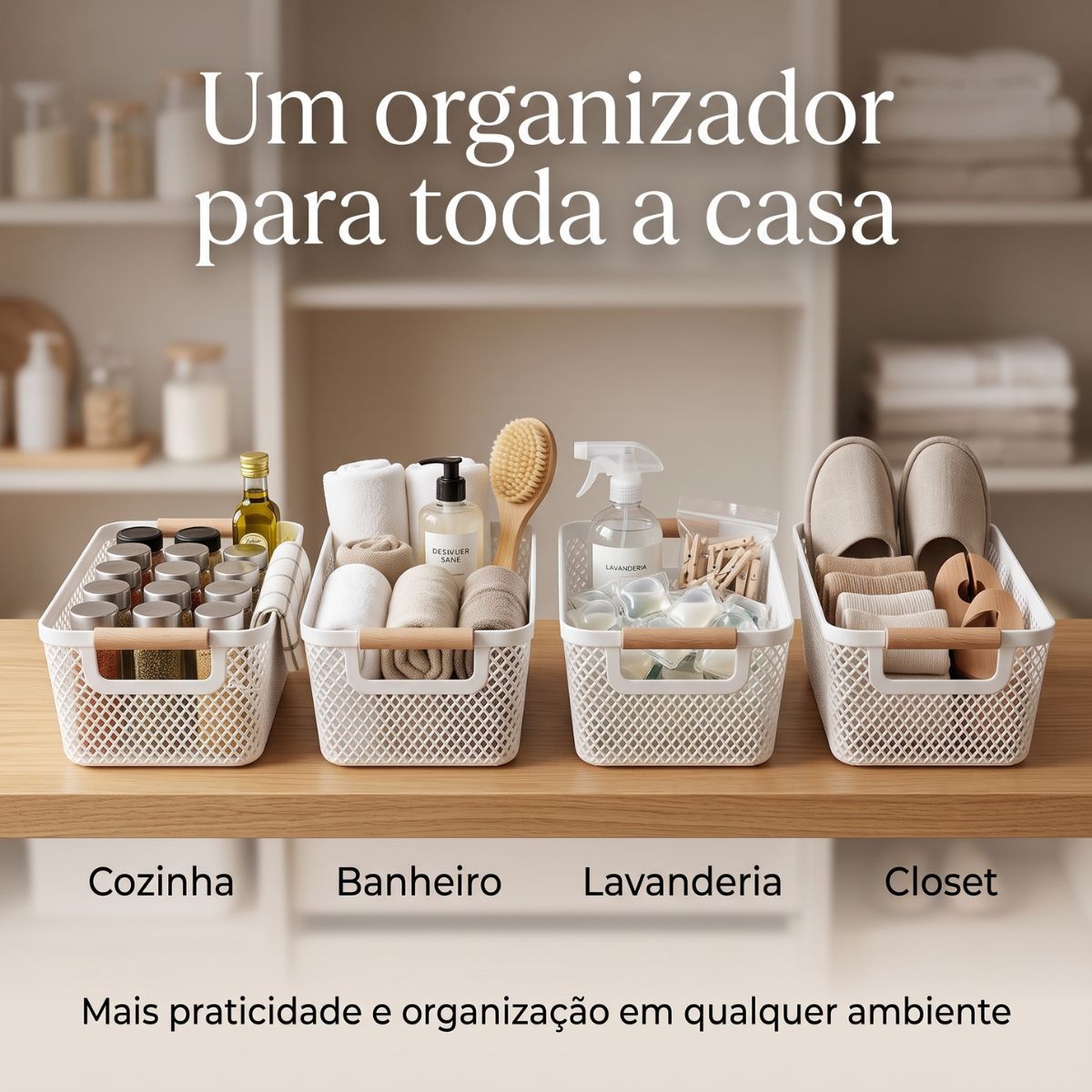 Cesto Organizador Multiuso com Alça em Madeira