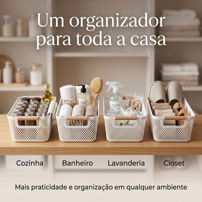 Cesto Organizador Multiuso com Alça em Madeira