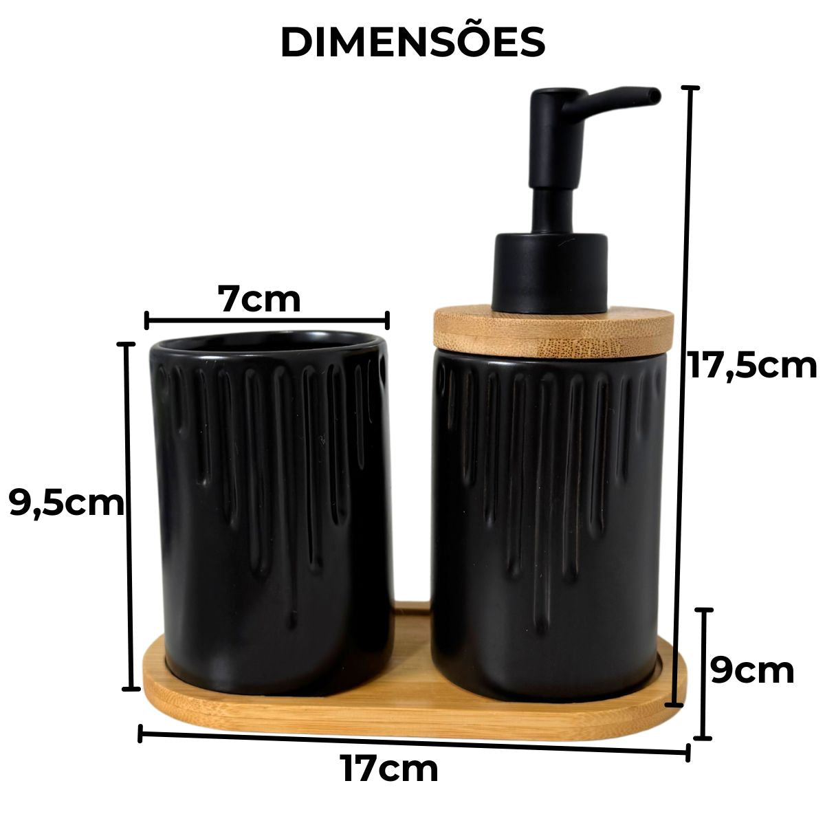 Kit Banheiro lavabo Drip - Conjunto Porcelana Base Bambu Saboneteira Porta Escova 3 Peças