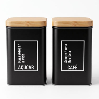 Kit 2 Potes para Cafe e Açucar em Metal Cantinho Cafe Preto
