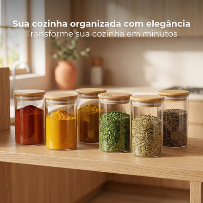 Kit Potes De Vidro 300ml Borossilicato Condimentos Temperos Com Tampa De Bambu