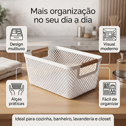 Cesto Organizador Multiuso com Alça em Madeira