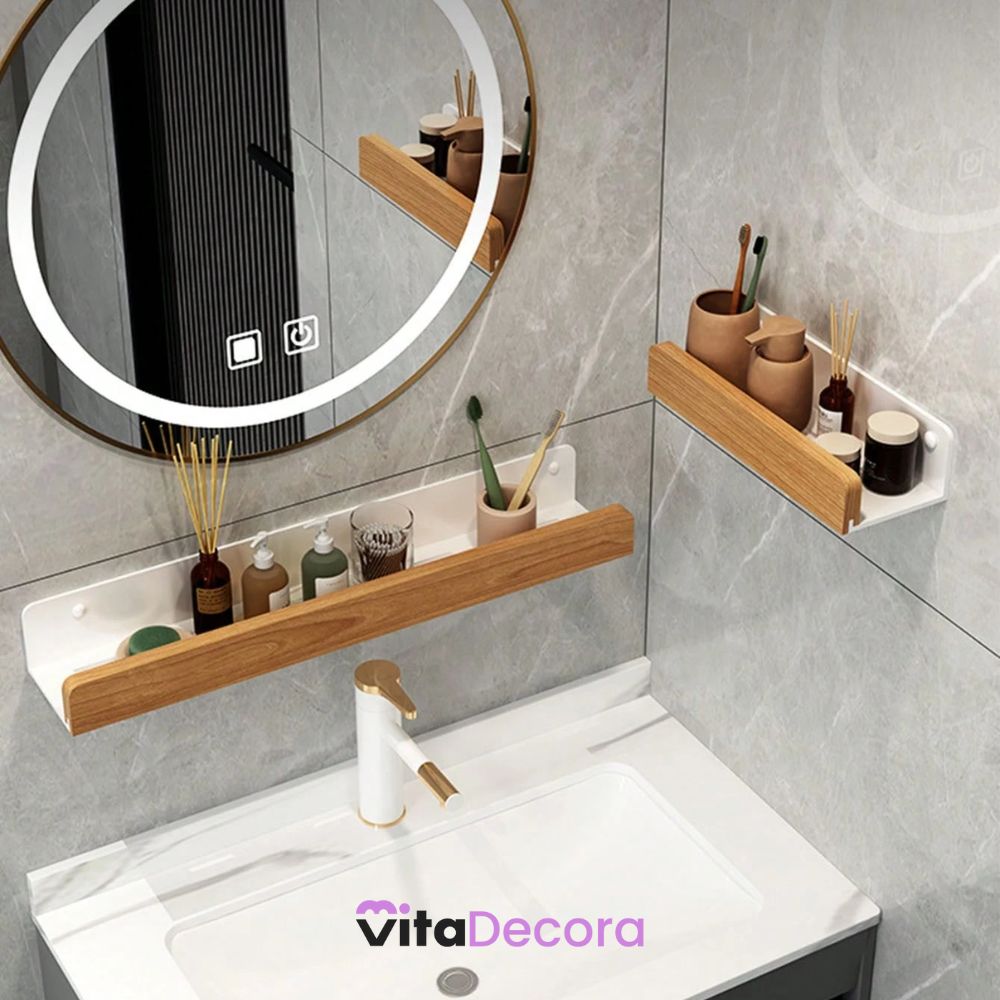 VitaLux - Prateleira Organizadora Parede em Alumínio e Madeira + Kit Adesivos ProFix