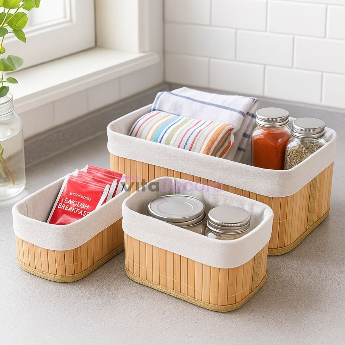 Kit 3 Cestos Organizadores Bambu Tecido Lavável Multiuso