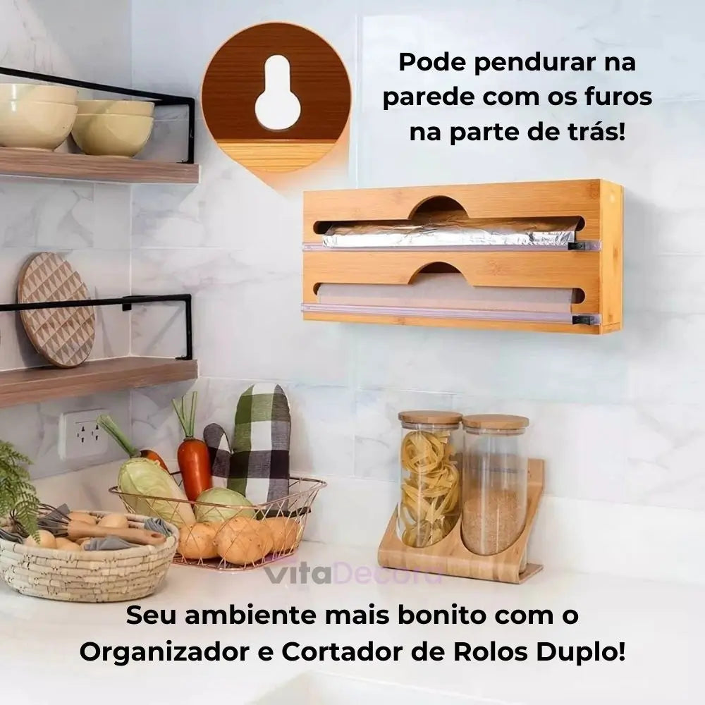 VitaPratic - Dispenser Duplo em Bambu - Cortador Papel Alumínio e PVC