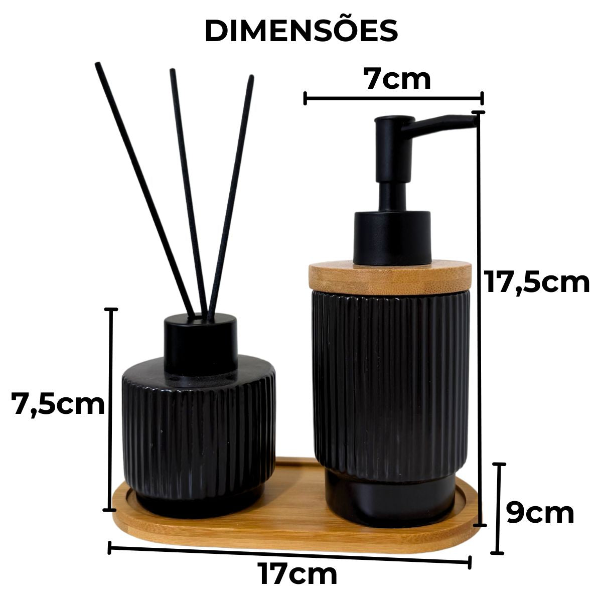 Kit Banheiro Lavabo Aromas Luxo - Conjunto Dispenser e Aromatizador em Porcelana com Base em Bambu 3 Peças