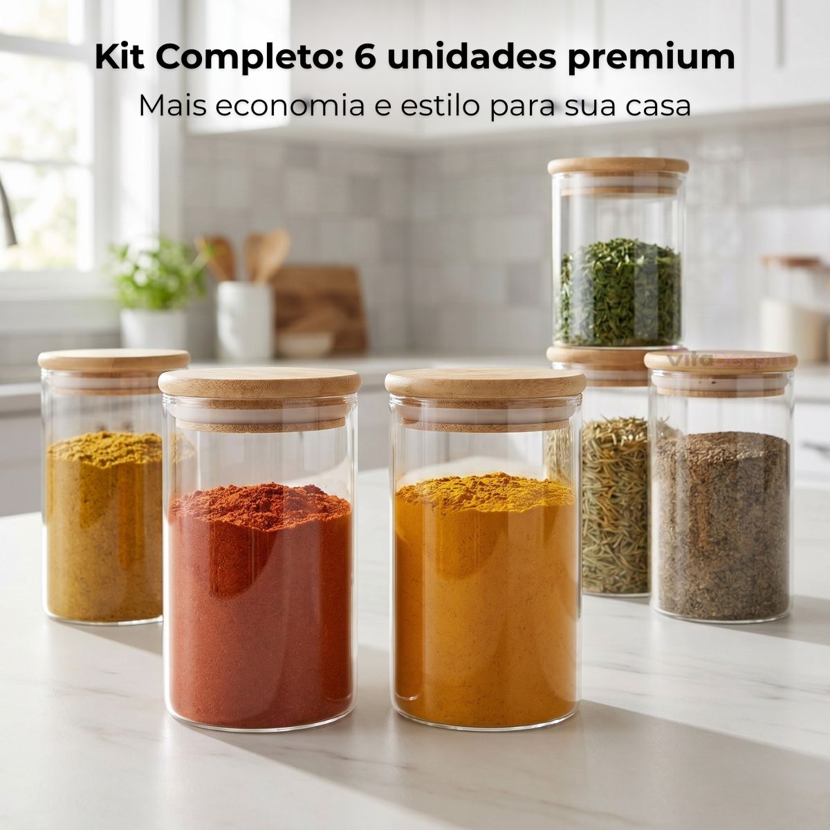 Kit Potes De Vidro 300ml Borossilicato Condimentos Temperos Com Tampa De Bambu