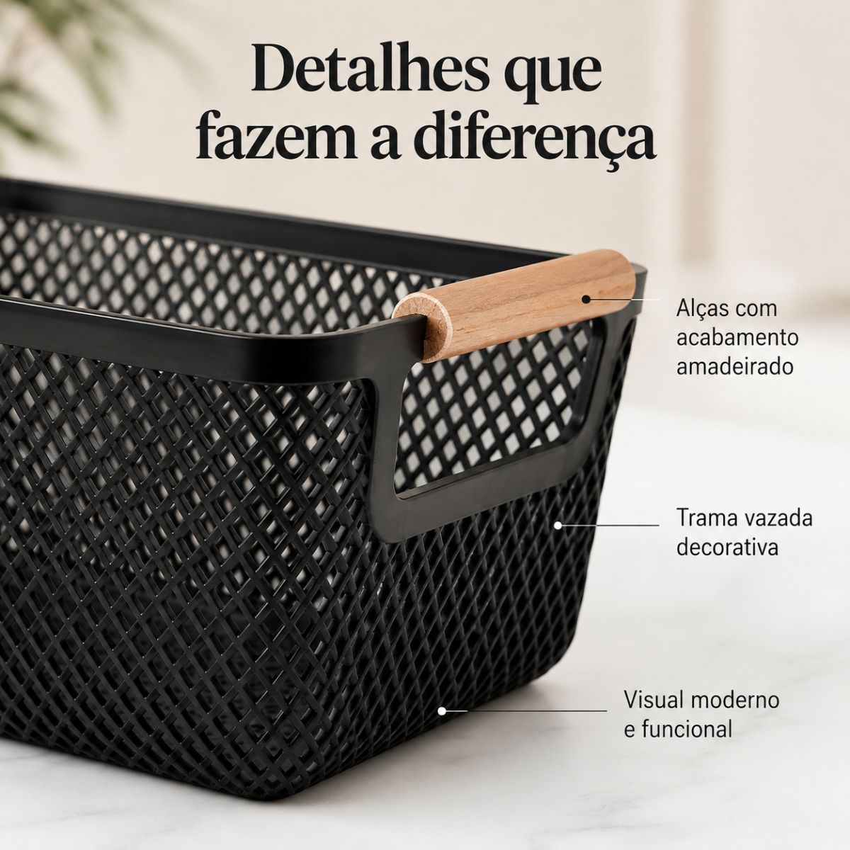 Cesto Organizador Multiuso com Alça em Madeira