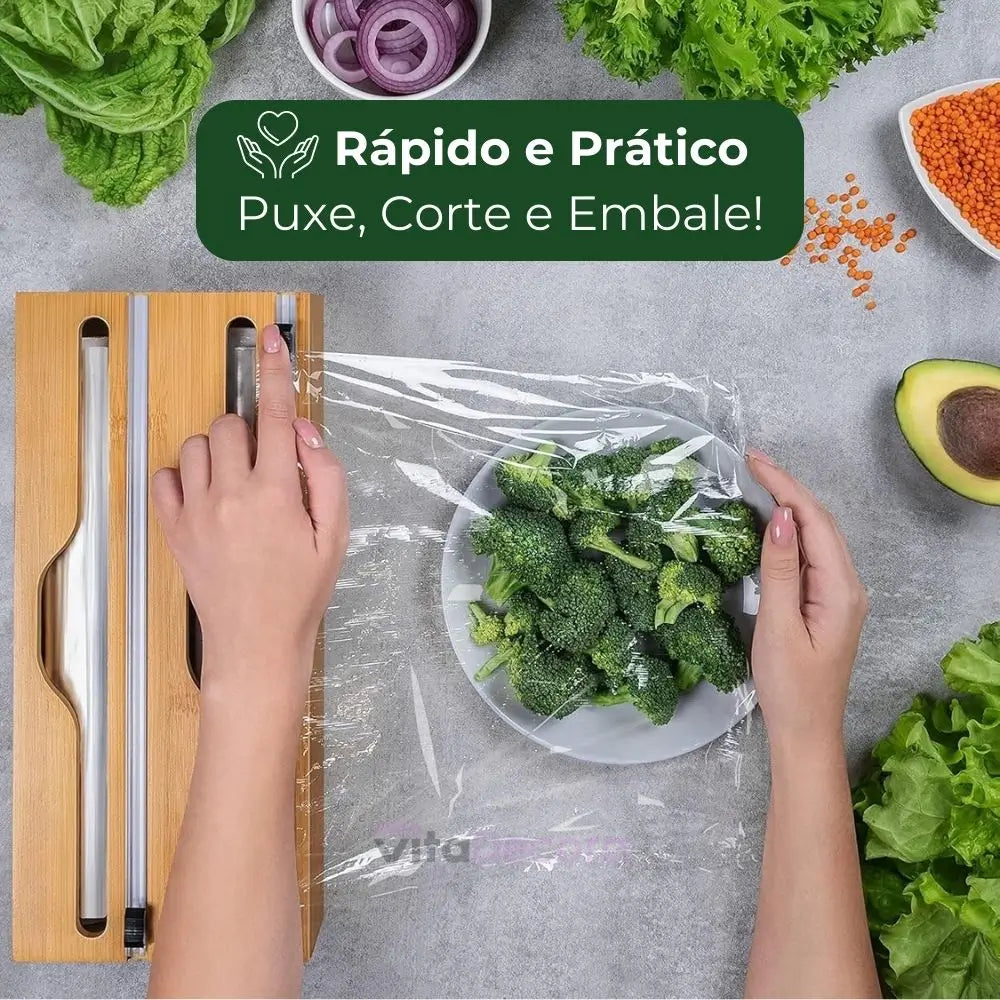 VitaPratic - Dispenser Duplo em Bambu - Cortador Papel Alumínio e PVC