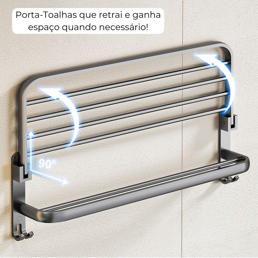 Porta-Toalhas Retrátil em Alumínio com Adesivos + 2un Porta Shampoo de BRINDE!