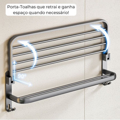 Porta-Toalhas Retrátil em Alumínio com Adesivos + 2un Porta Shampoo de BRINDE!