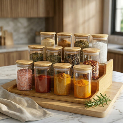Kit 12 Pote Porta Tempero Hermético 300ml + Base Escada em Bambu