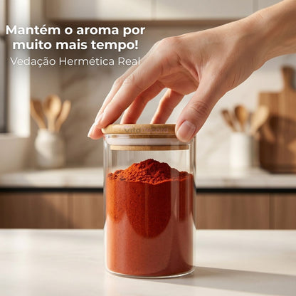 Kit Potes De Vidro 300ml Borossilicato Condimentos Temperos Com Tampa De Bambu
