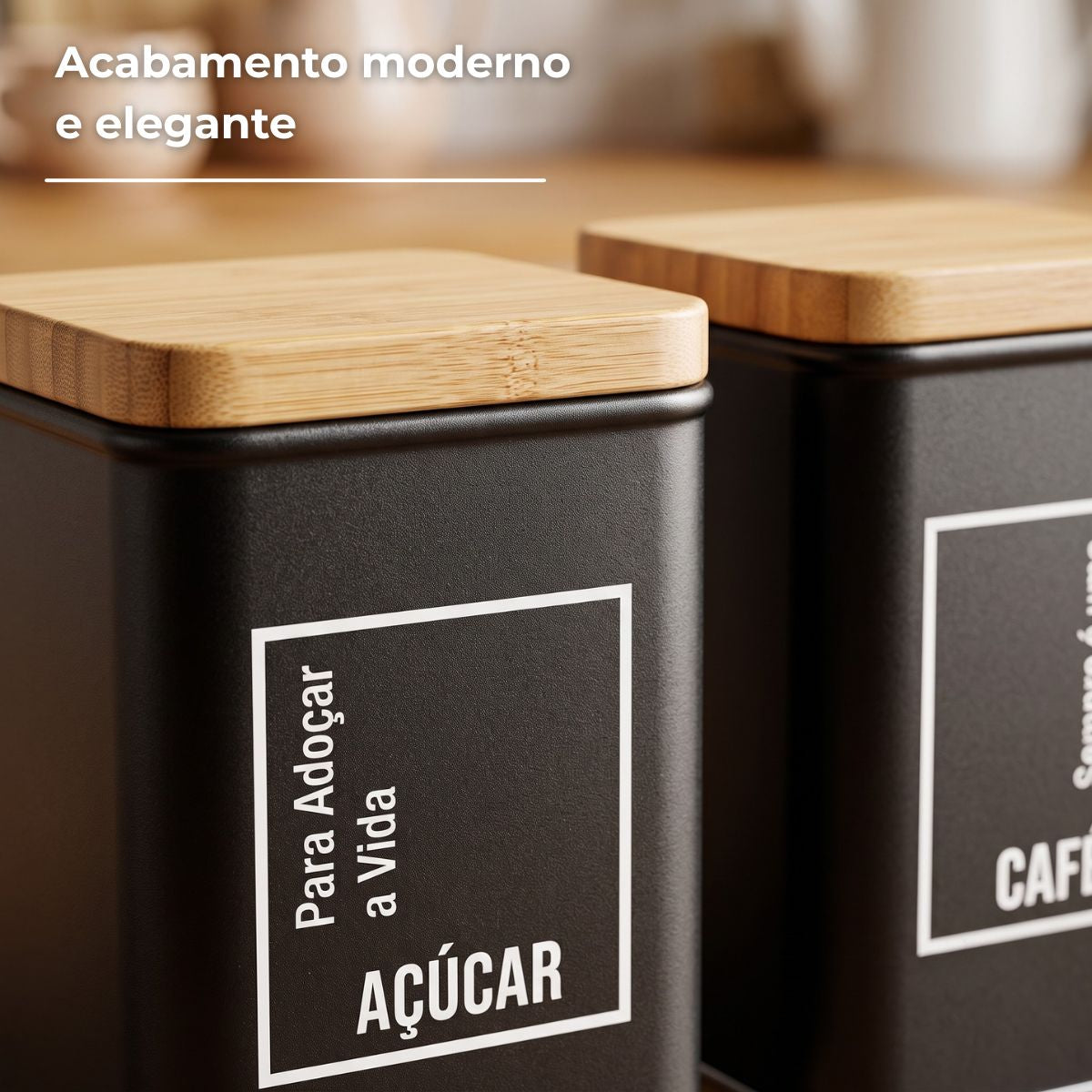 Kit 2 Potes para Cafe e Açucar em Metal Cantinho Cafe Preto