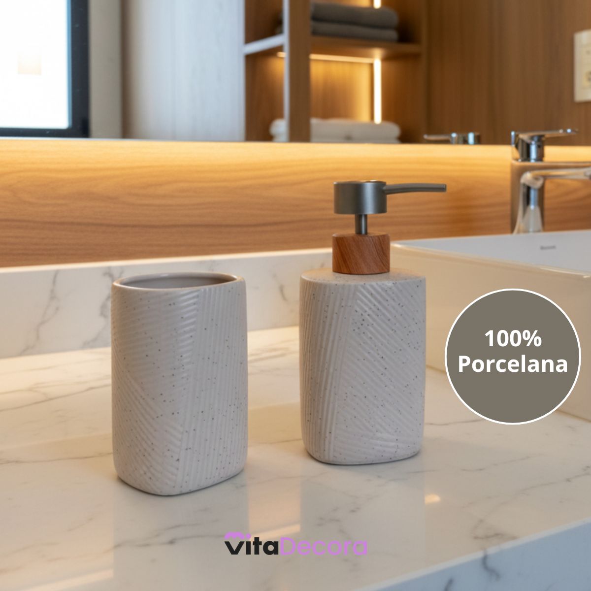 Kit Lavabo Conjunto Dispenser e Porta Escovas Porcelana 2 Peças