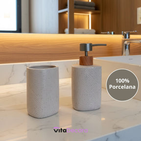 Kit Lavabo Conjunto Dispenser e Porta Escovas Porcelana 2 Peças