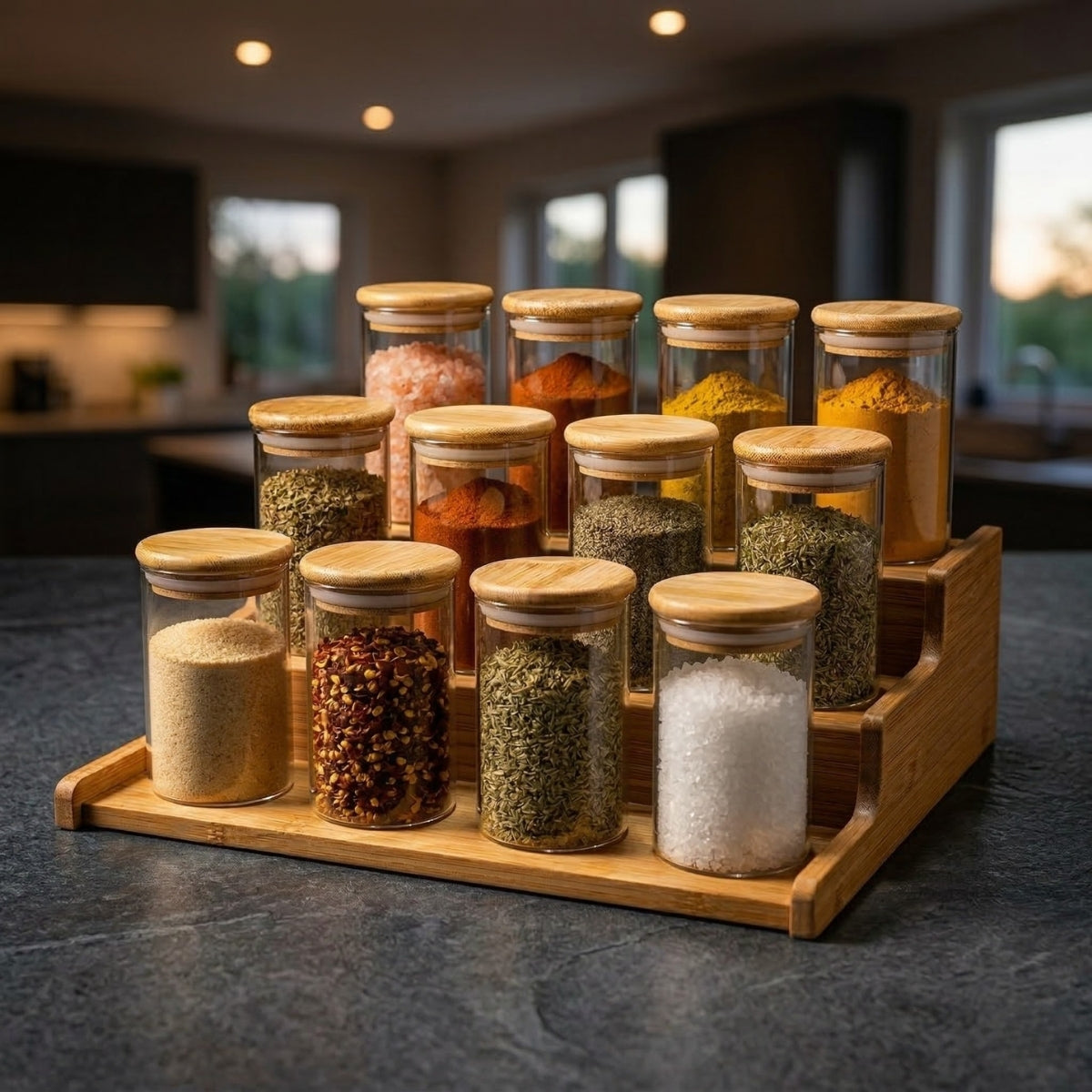 Kit 12 Pote Porta Tempero Hermético 300ml + Base Escada em Bambu