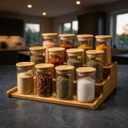 Kit 12 Pote Porta Tempero Hermético 300ml + Base Escada em Bambu