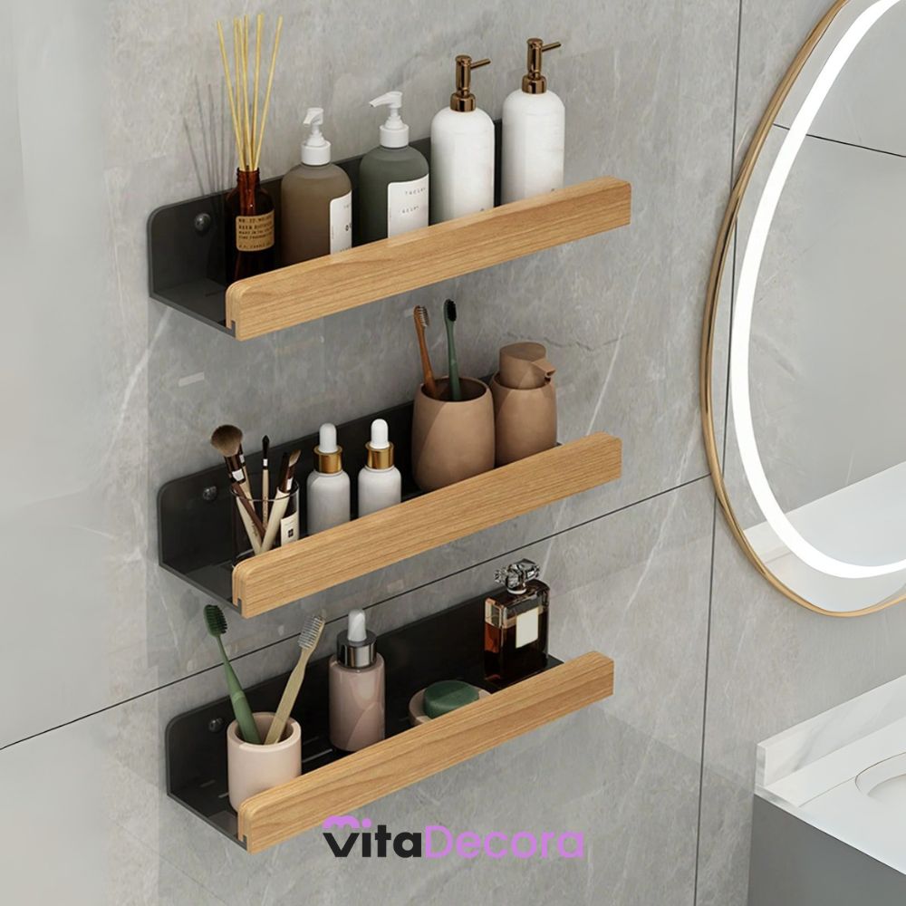 VitaLux - Prateleira Organizadora Parede em Alumínio e Madeira + Kit Adesivos ProFix