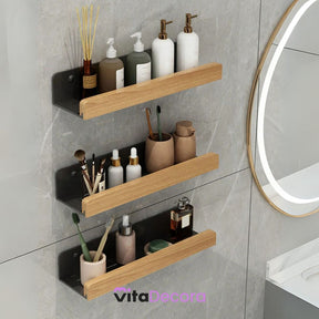 VitaLux - Prateleira Organizadora Parede em Alumínio e Madeira + Kit Adesivos ProFix