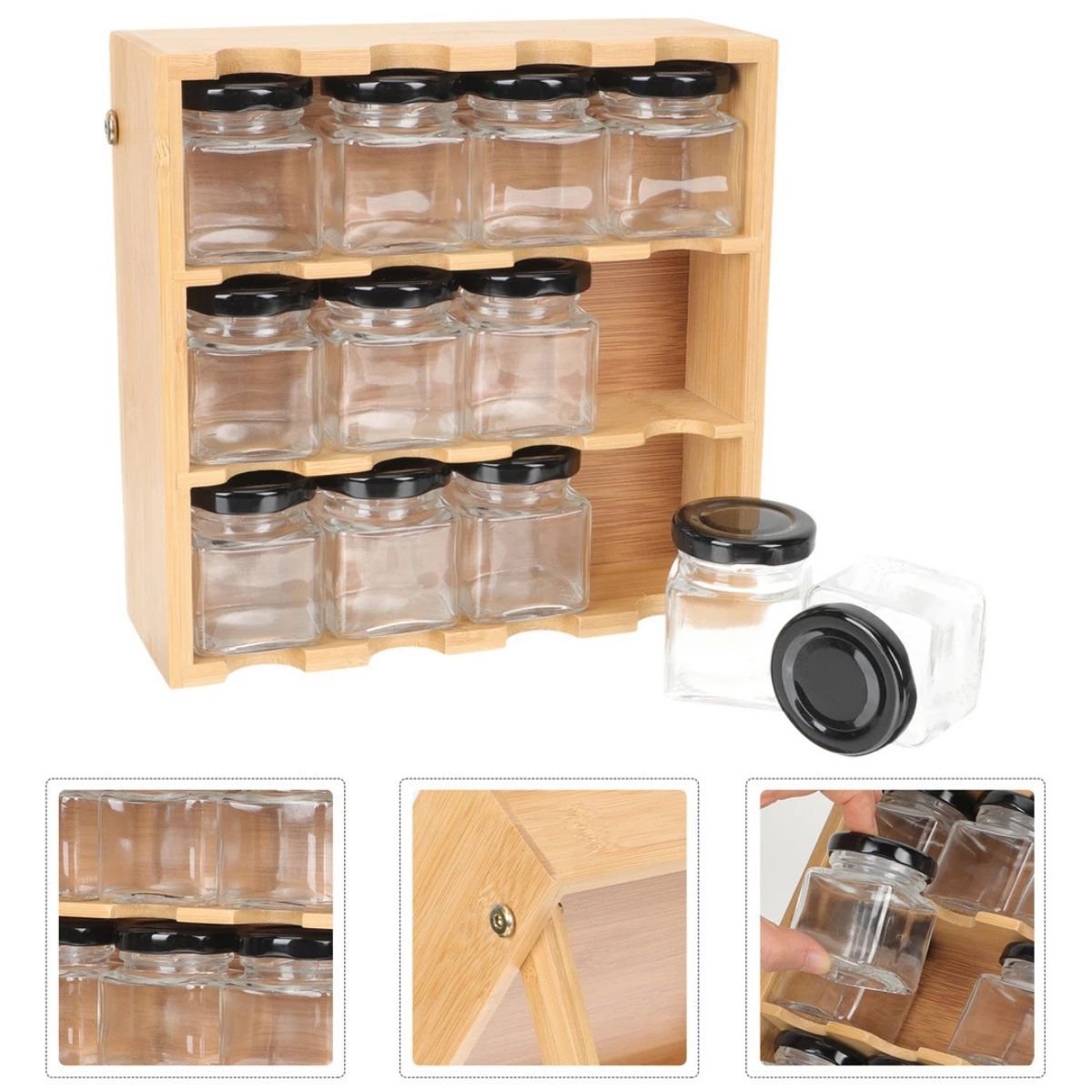 Porta temperos em bambu com 12 potes herméticos para organização de cozinha.
