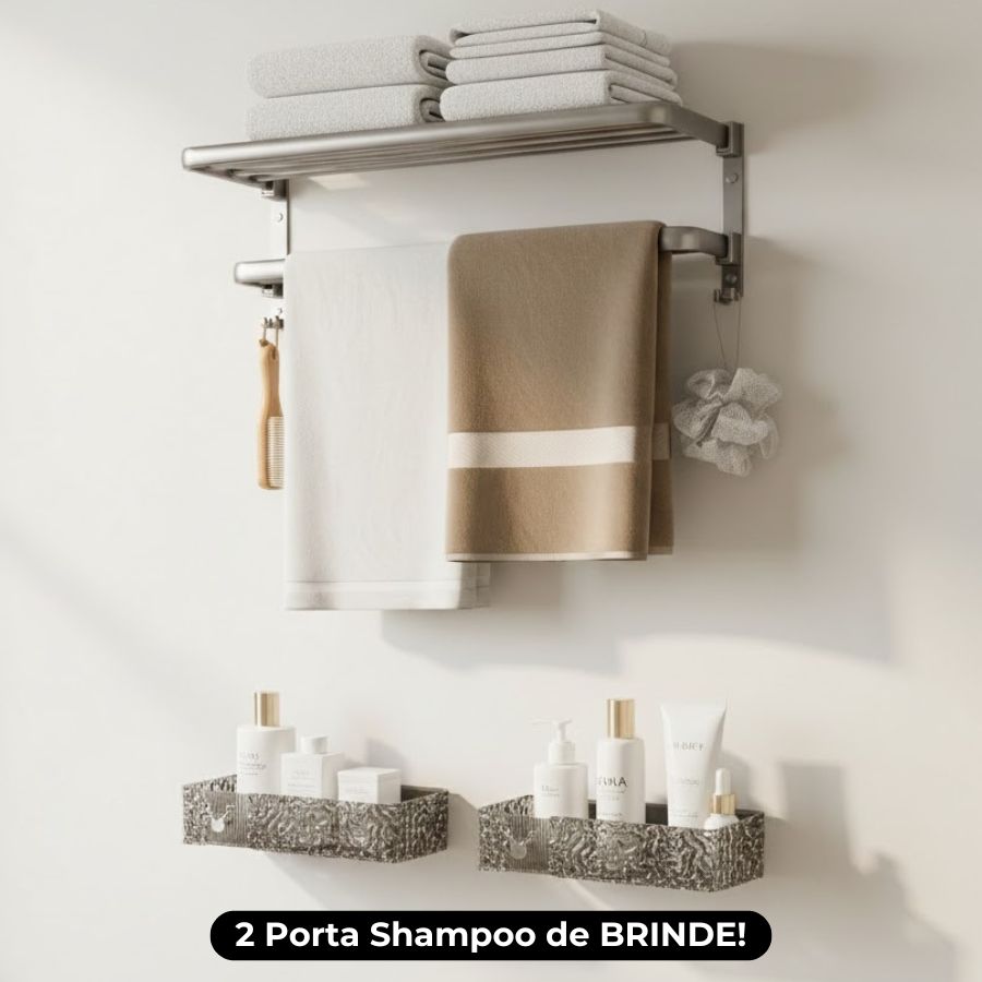 Porta-Toalhas Retrátil em Alumínio com Adesivos + 2un Porta Shampoo de BRINDE!