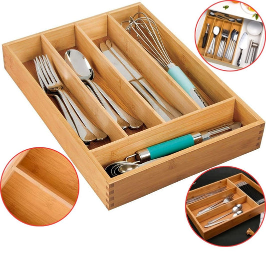 Porta Talheres Bambu 4 Divisórias Organizador Gaveta Bancada Prático Natural