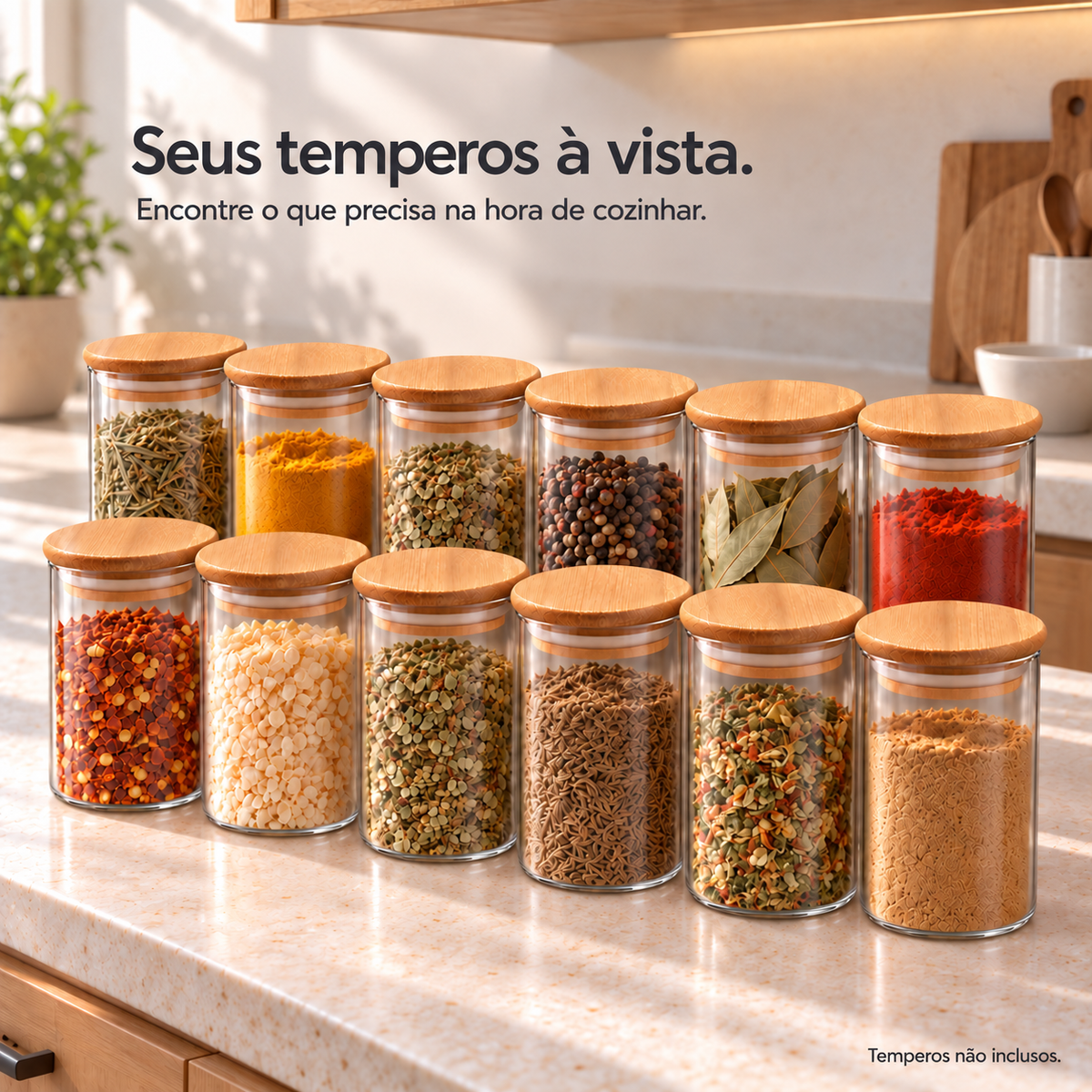 Kit Porta-Temperos de Vidro Borossilicato 300ml com Tampa de Bambu