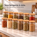 Kit Porta-Temperos de Vidro Borossilicato 300ml com Tampa de Bambu