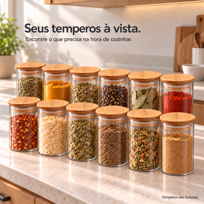Kit Porta-Temperos de Vidro Borossilicato 300ml com Tampa de Bambu