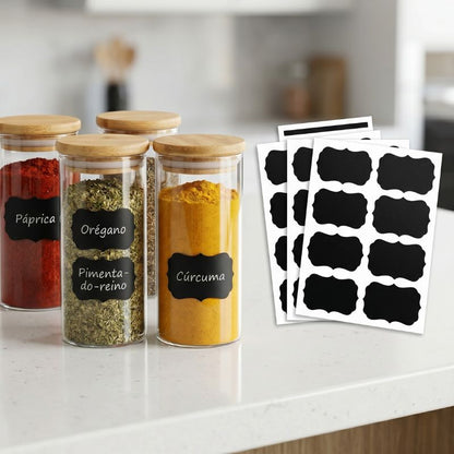 Kit 20 Etiquetas Pretas Reutilizáveis para Temperos