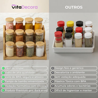 Kit 12 Pote Porta Tempero Hermético 300ml + Base Escada em Bambu