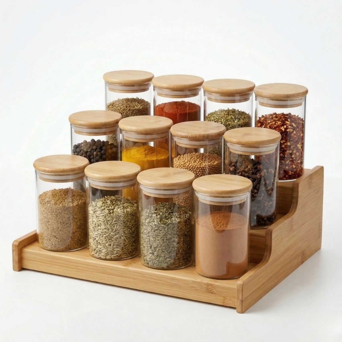 Kit 12 Pote Porta Tempero Hermético 300ml + Base Escada em Bambu