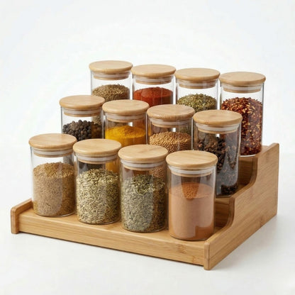 Kit 12 Pote Porta Tempero Hermético 300ml + Base Escada em Bambu